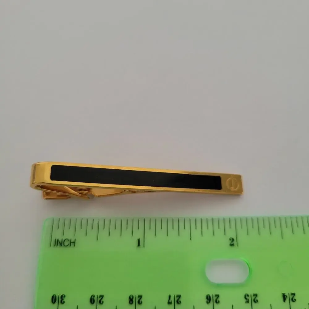 Dunhill Vintage Round Cufflinks Tie Clasp Clip Bar Set Black Onyx Gold Logo Box
